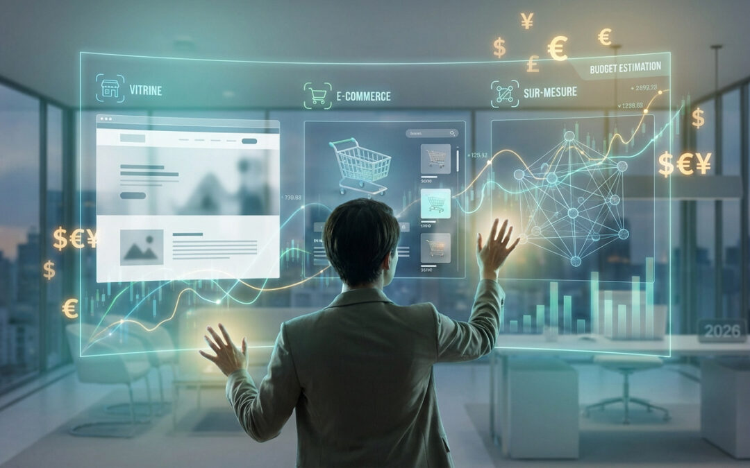 Personne interagit avec une interface holographique affichant des options de sites web (vitrine, e-commerce, sur-mesure) et une estimation de budget avec des symboles monétaires et la date 2026.