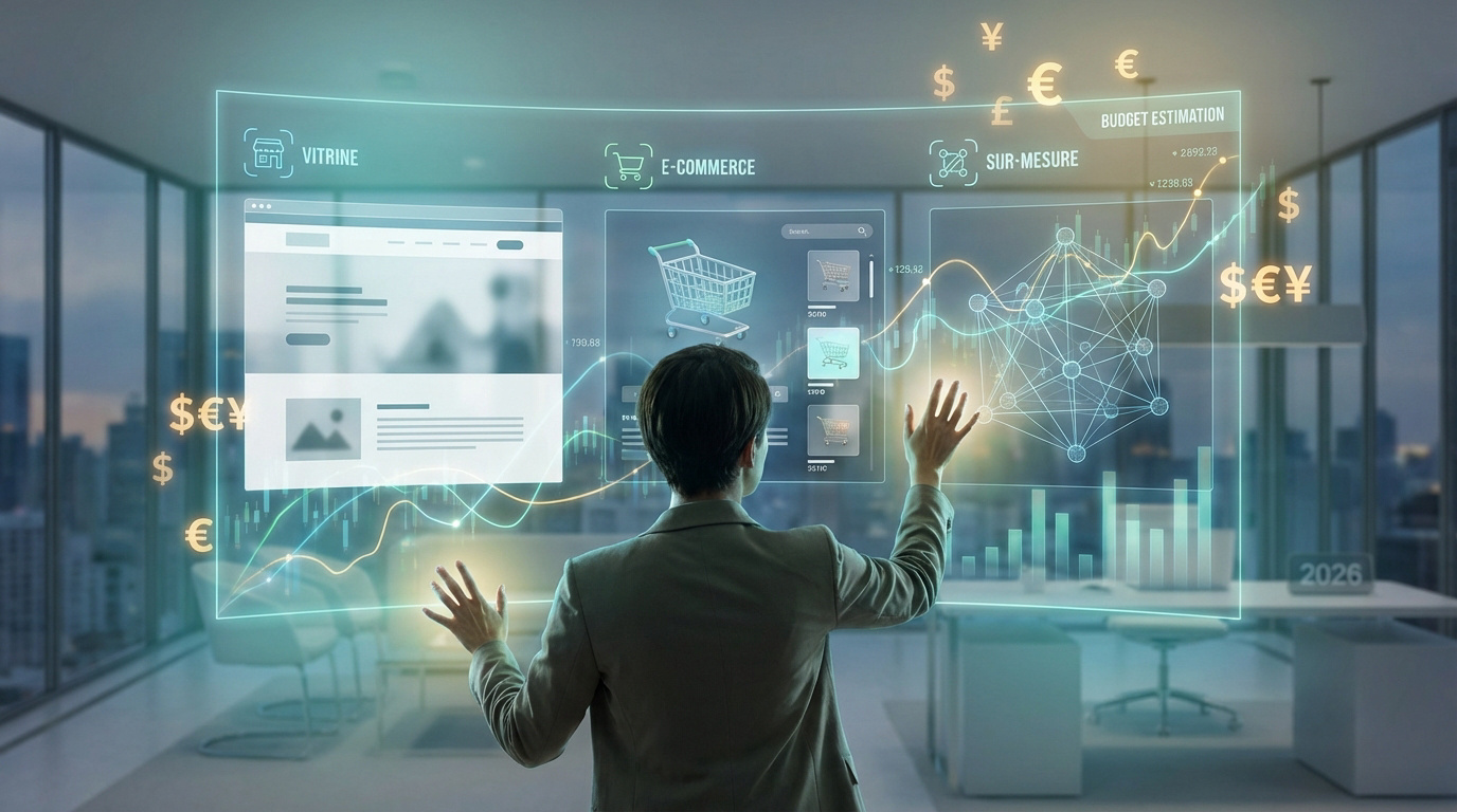 Personne interagit avec une interface holographique affichant des options de sites web (vitrine, e-commerce, sur-mesure) et une estimation de budget avec des symboles monétaires et la date 2026.