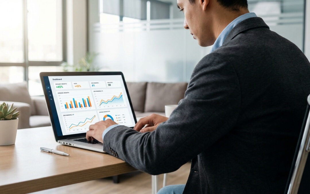 Homme d'affaires analysant des données SEO sur un laptop, affichant des graphiques de performance et de croissance organique.