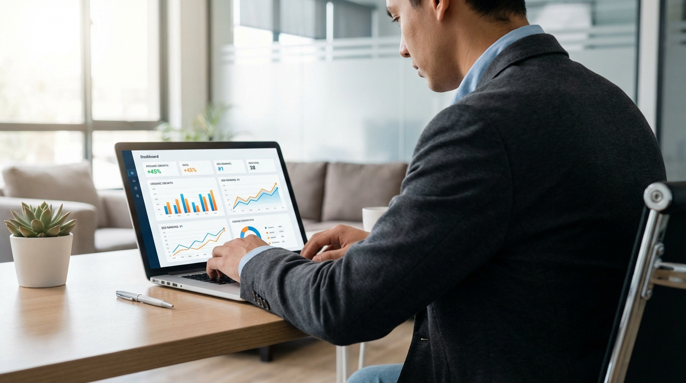 Homme d'affaires analysant des données SEO sur un laptop, affichant des graphiques de performance et de croissance organique.