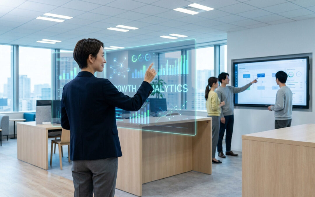 Femme d'affaires utilisant une interface holographique pour l'analyse de données en bureau moderne. Collègues en arrière-plan.