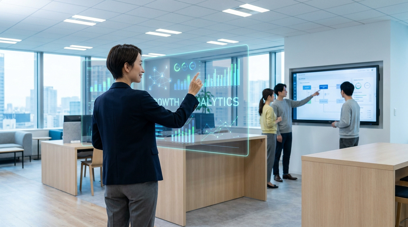 Femme d'affaires utilisant une interface holographique pour l'analyse de données en bureau moderne. Collègues en arrière-plan.