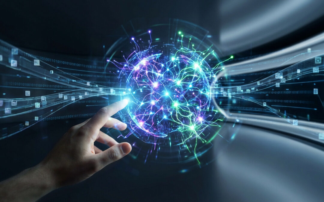 Main touchant une sphère lumineuse de connexions neuronales sur fond de flux de données binaires et d'icônes numériques.