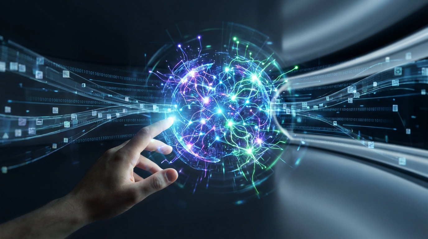 Main touchant une sphère lumineuse de connexions neuronales sur fond de flux de données binaires et d'icônes numériques.
