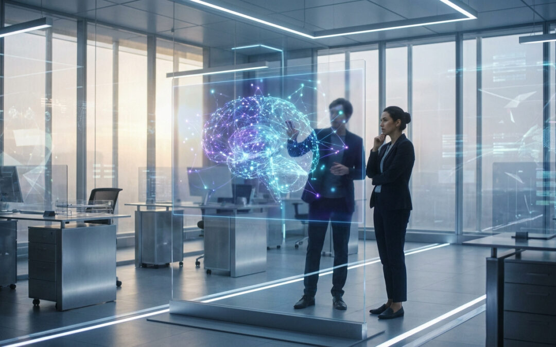 Deux personnes en bureau moderne interagissent avec un cerveau holographique lumineux, symbolisant l'IA et l'innovation.