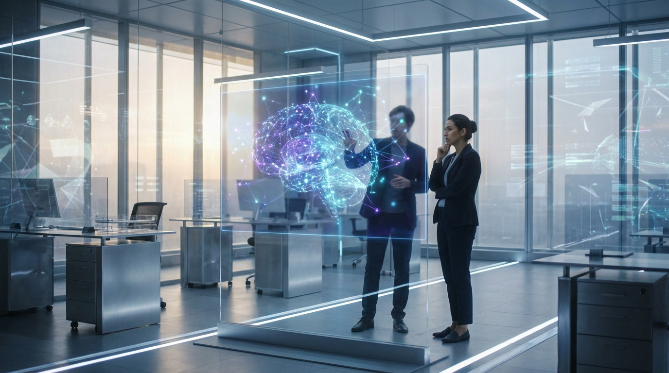 Deux personnes en bureau moderne interagissent avec un cerveau holographique lumineux, symbolisant l'IA et l'innovation.