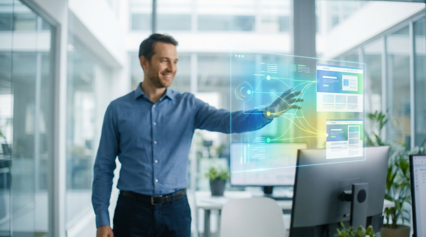 Un homme souriant manipule une interface holographique affichant des maquettes de sites web et des données dans un bureau moderne.