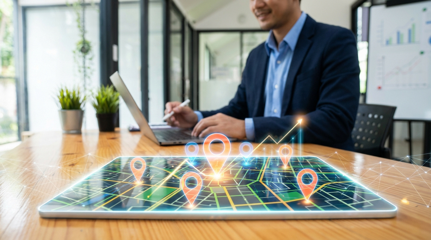 Tablette avec carte, marqueurs de localisation et graphique de croissance. Un professionnel optimise la visibilité locale en ligne.