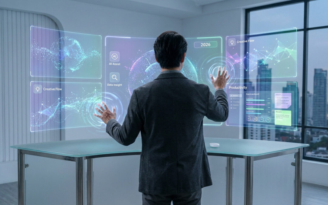 Un homme interagit avec des interfaces holographiques futuristes affichant des données sur l'IA et la productivité dans un bureau moderne.