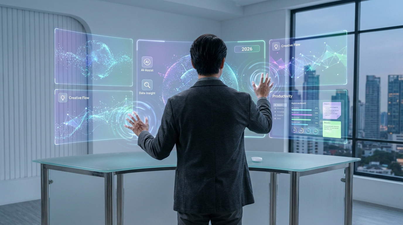 Un homme interagit avec des interfaces holographiques futuristes affichant des données sur l'IA et la productivité dans un bureau moderne.