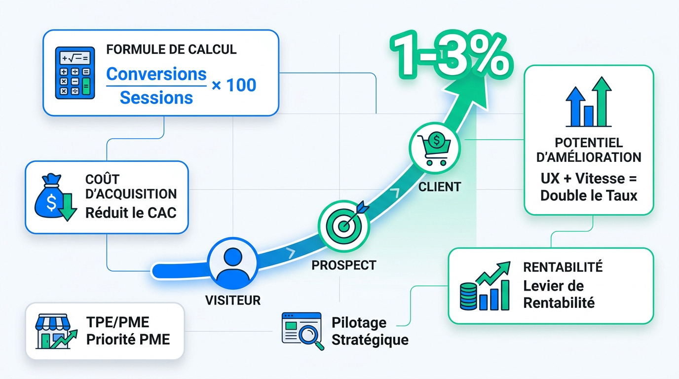 Infographie illustrant les leviers de croissance et l'optimisation du taux de conversion pour une entreprise