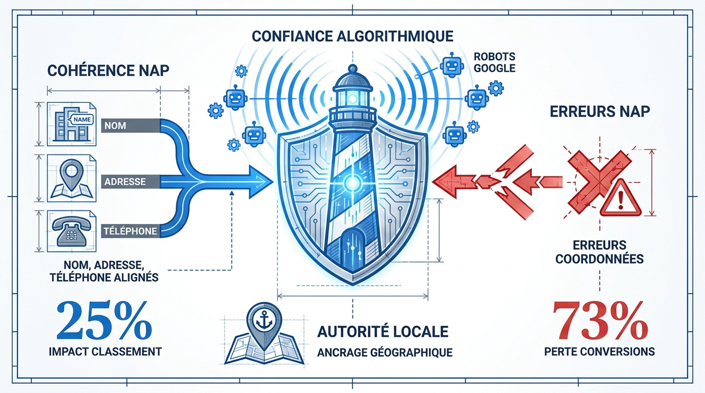 Infographie expliquant le lien entre la cohérence des citations NAP et la confiance des algorithmes de recherche