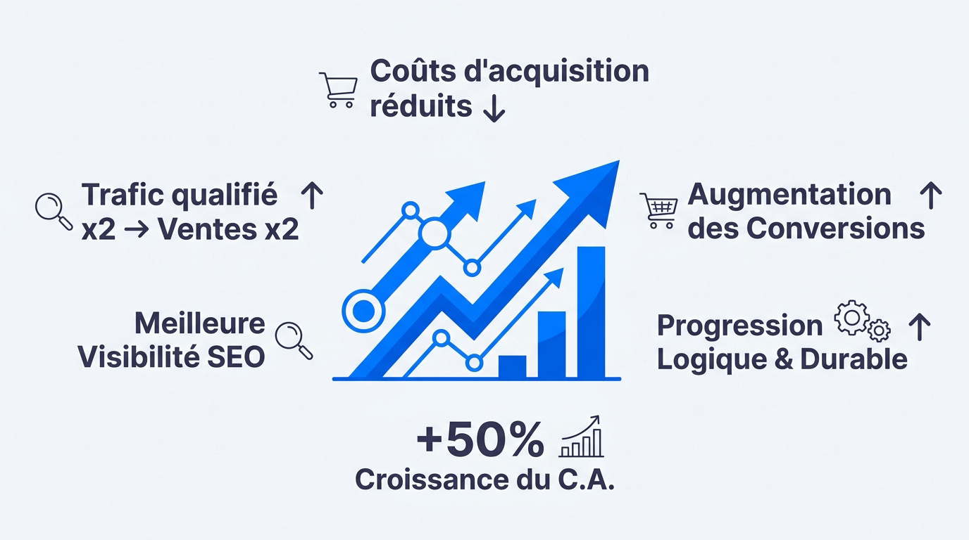 Infographie montrant la croissance du chiffre d'affaires e-commerce grâce au référencement naturel des fiches produits