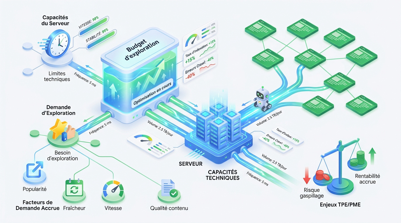 Infographie expliquant l'optimisation du budget d'exploration Google pour le SEO
