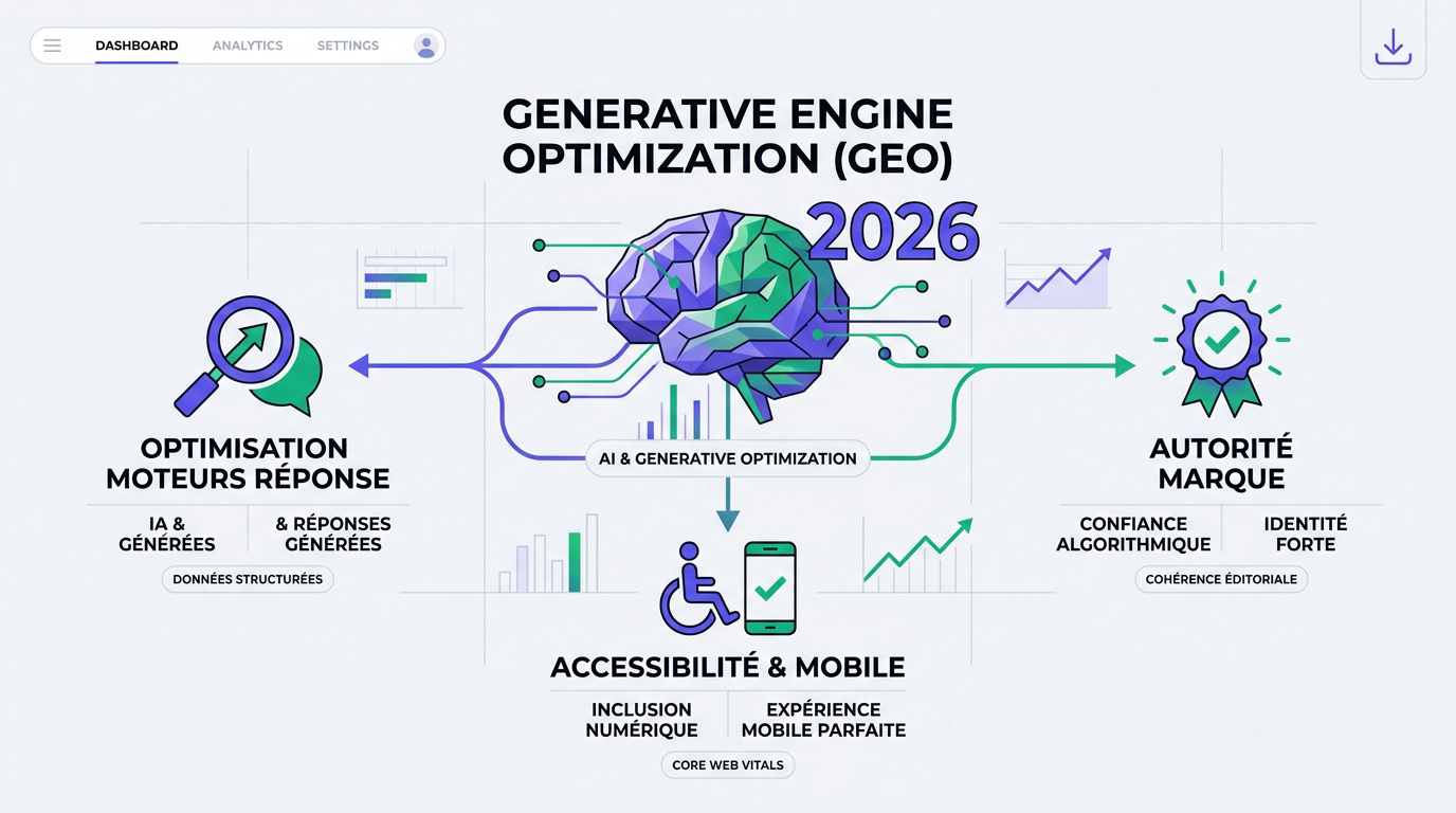Représentation de l'optimisation SEO pour l'intelligence artificielle et l'autorité de marque