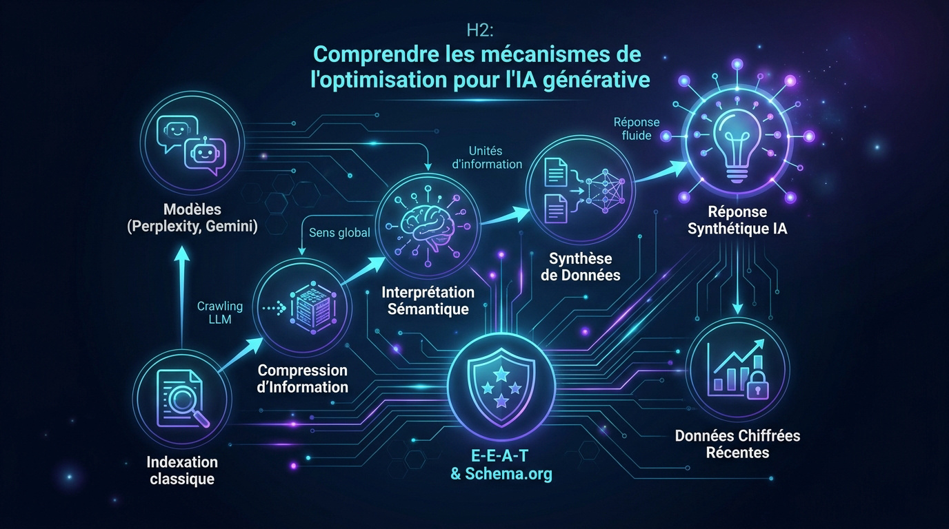 Flux de traitement de l'optimisation pour l'IA générative montrant l'indexation et la synthèse