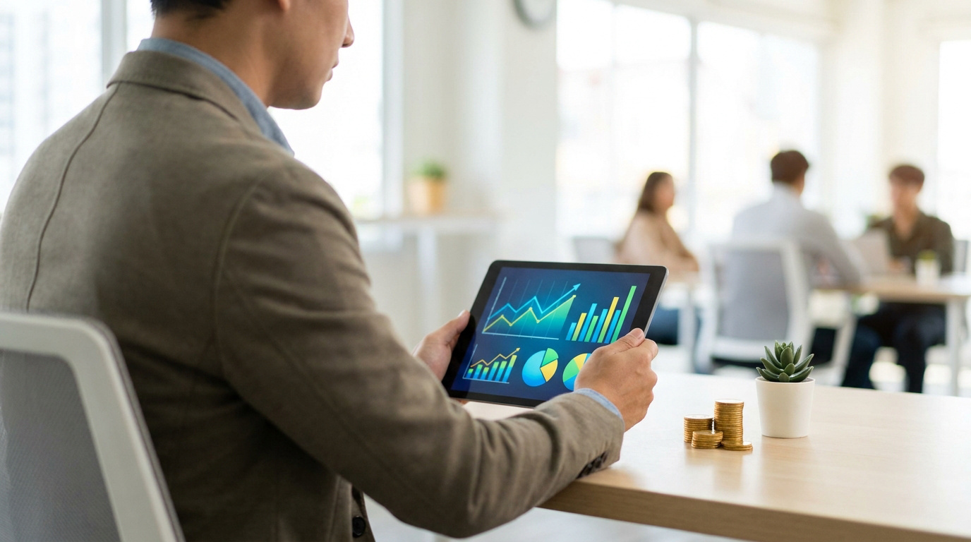 Professionnel analysant des graphiques de performance sur tablette avec des pièces de monnaie sur son bureau.