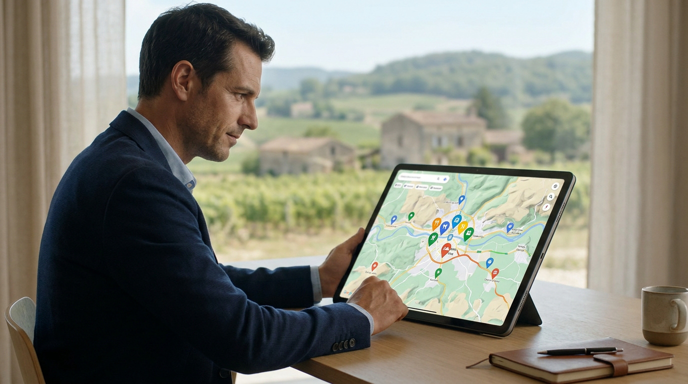 Homme d'affaires consultant une carte Google Maps sur une tablette face à un paysage rural.