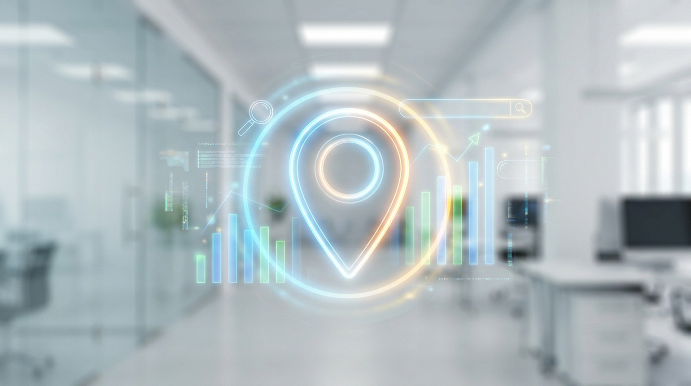 Icône de localisation numérique avec graphiques SEO sur fond de bureau moderne flouté.
