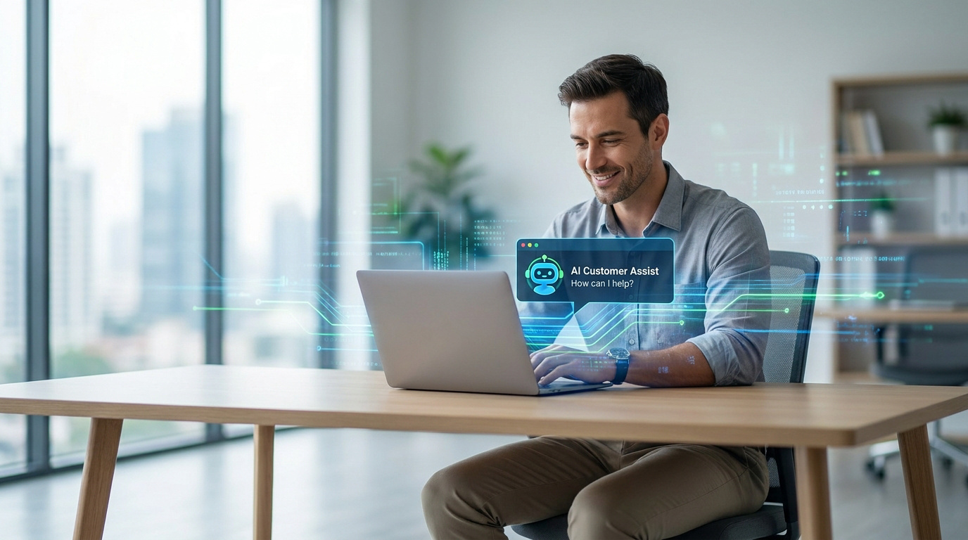Un homme souriant travaille sur son ordinateur portable avec une interface holographique d'assistance client IA.