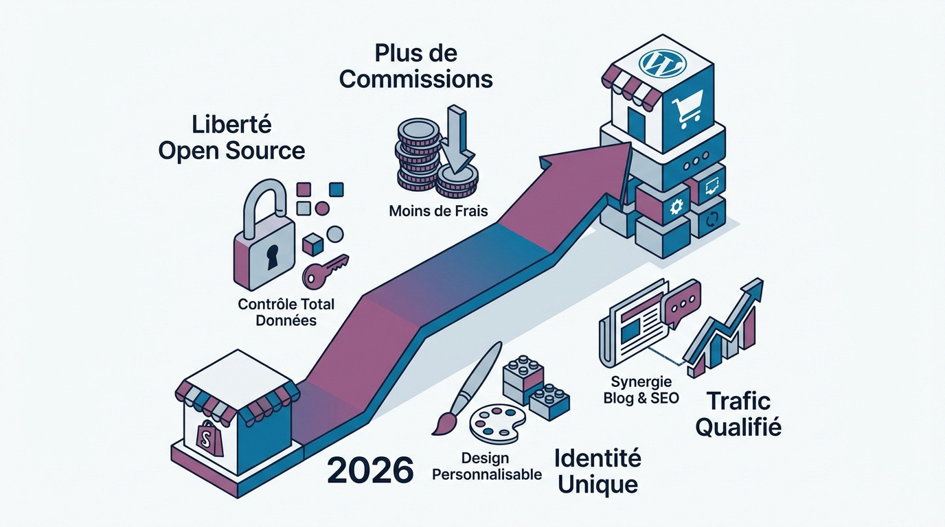 Infographie présentant les avantages stratégiques de la migration Shopify vers WooCommerce