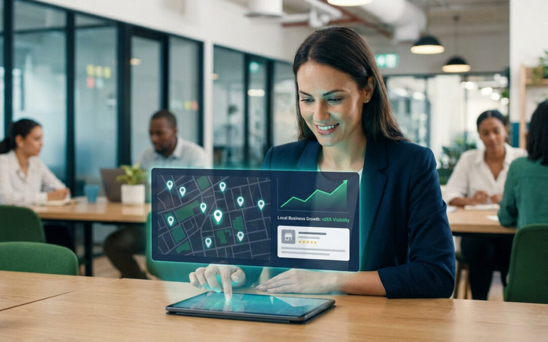 Une femme utilisant une tablette affichant des données de géolocalisation et de croissance d'entreprise en SEO local.