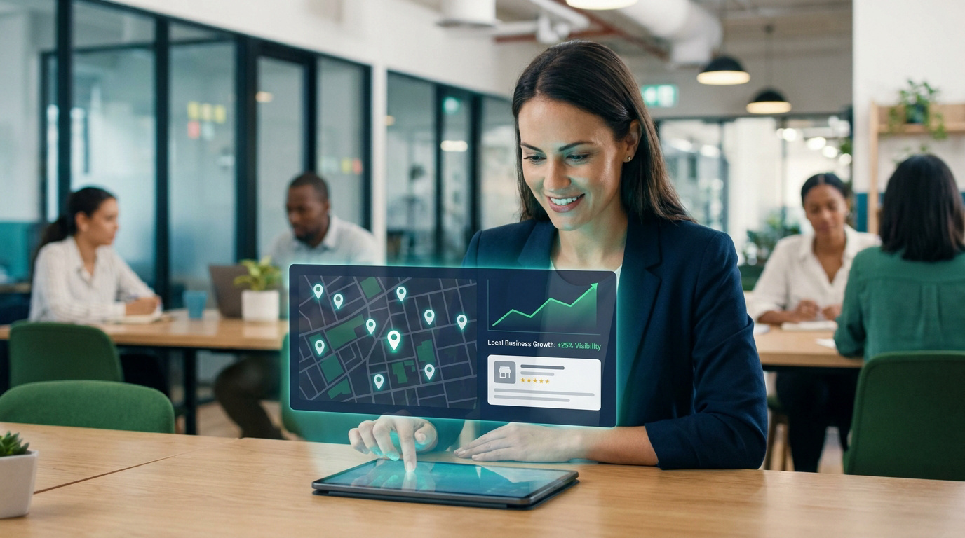Une femme utilisant une tablette affichant des données de géolocalisation et de croissance d'entreprise en SEO local.