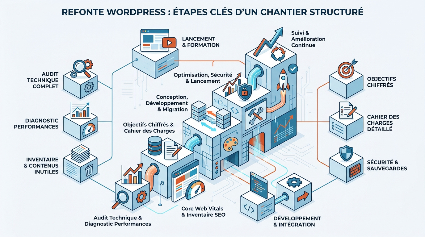 Schéma des étapes méthodologiques pour réussir la refonte de votre site WordPress par étapes