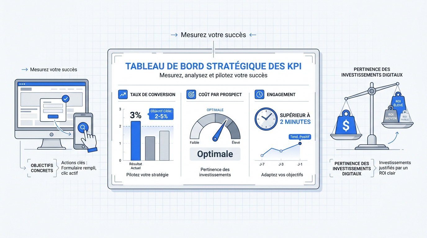 Tableau de bord stratégique affichant les indicateurs de performance clés pour un site vitrine professionnel