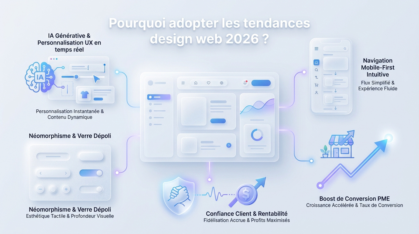 Interface web moderne 2026 avec personnalisation par intelligence artificielle et design néomorphique sur mobile
