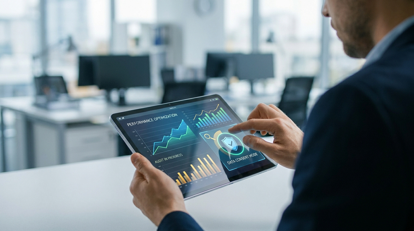 Un professionnel consulte des graphiques de performance publicitaire sur une tablette dans un bureau moderne.