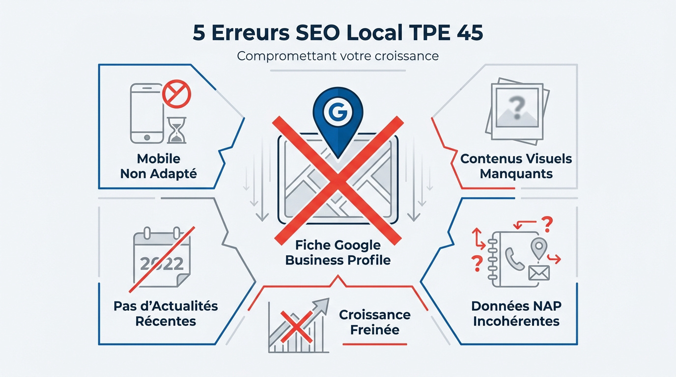 Infographie illustrant les 5 erreurs SEO local qui plombent les TPE du Loiret