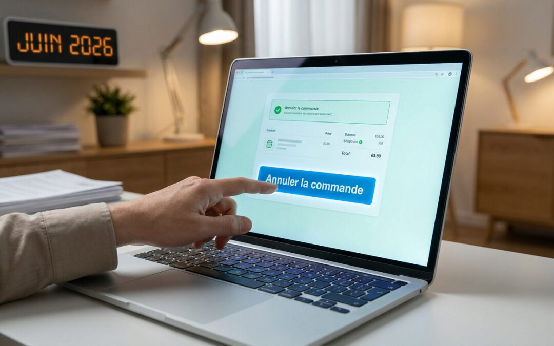 Main cliquant sur le bouton « Annuler la commande » d'un ordinateur portable avec un calendrier affichant juin 2026.