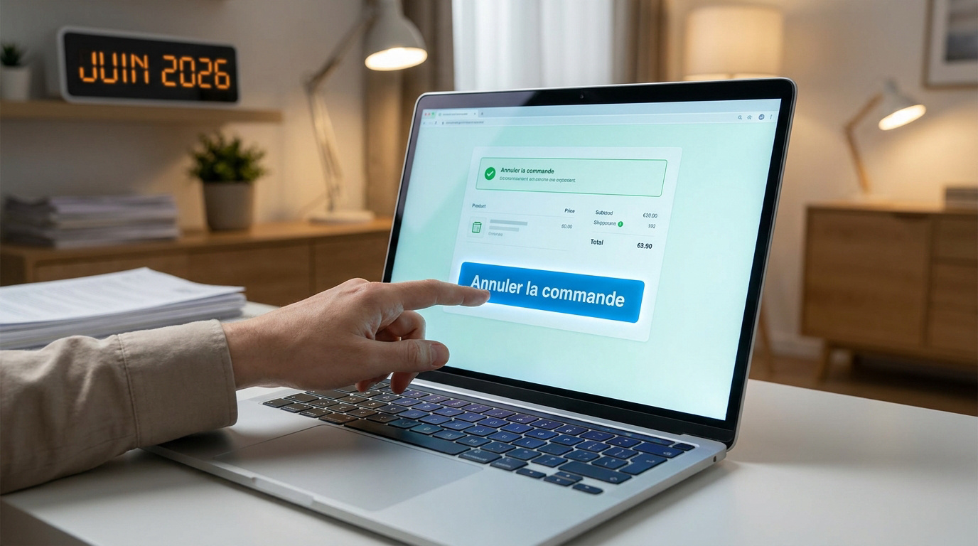 Main cliquant sur le bouton « Annuler la commande » d'un ordinateur portable avec un calendrier affichant juin 2026.