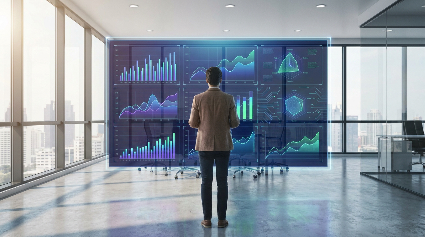Un homme d'affaires regarde un écran holographique affichant des graphiques de données complexes dans un bureau moderne.