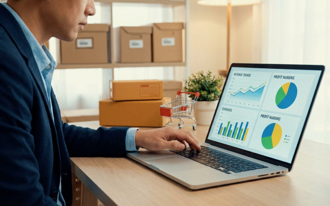 Un entrepreneur en costume analyse des graphiques financiers sur son ordinateur portable dans un entrepôt.
