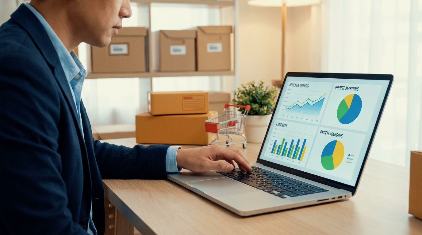 Un entrepreneur en costume analyse des graphiques financiers sur son ordinateur portable dans un entrepôt.