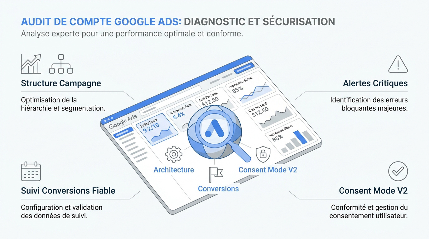 Schéma technique illustrant le diagnostic et la sécurisation d'un compte Google Ads