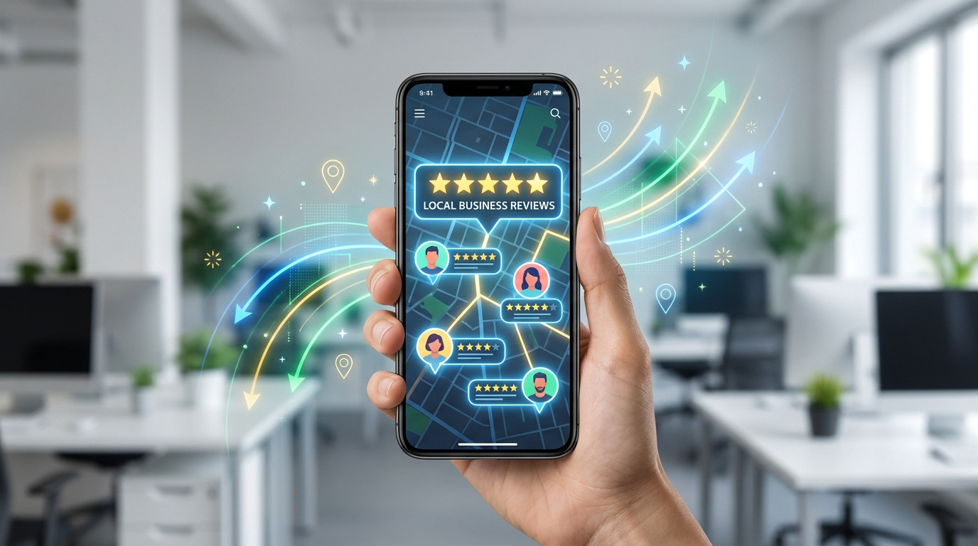 Main tenant un smartphone affichant une carte avec des avis clients et des étoiles dorées sur un fond de bureau.