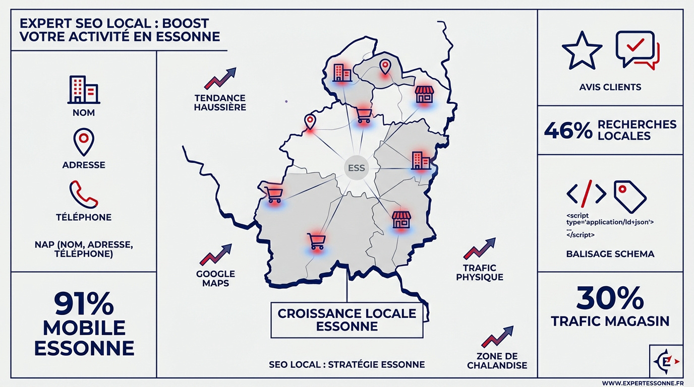Commerçant de l'Essonne optimisant sa visibilité locale sur smartphone