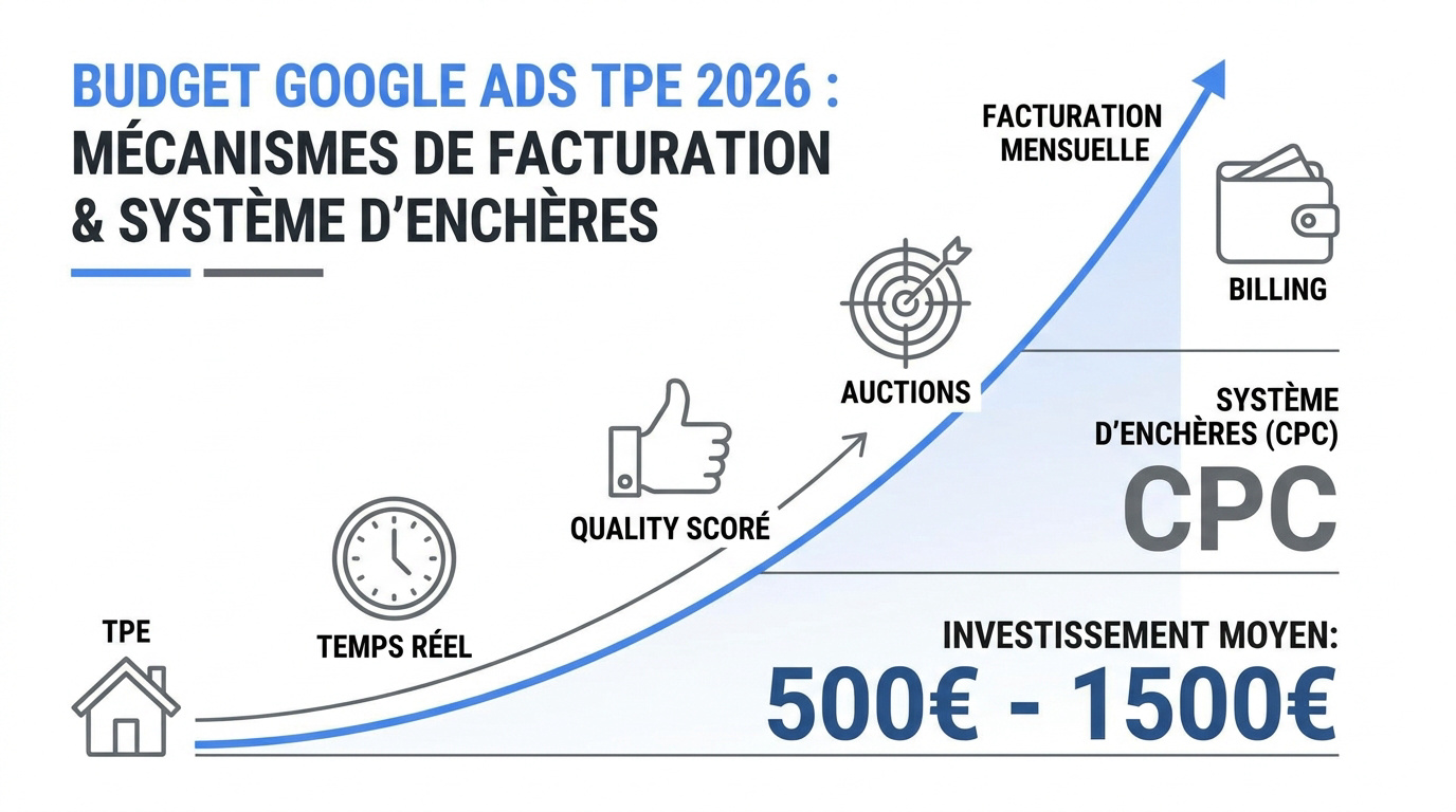 Mécanismes d'enchères et facturation Google Ads pour TPE en 2026
