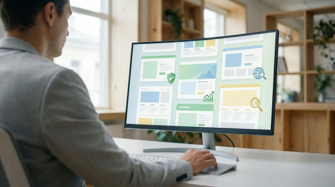 Homme travaillant sur ordinateur, comparant plusieurs modèles de thèmes WordPress à l'écran.
