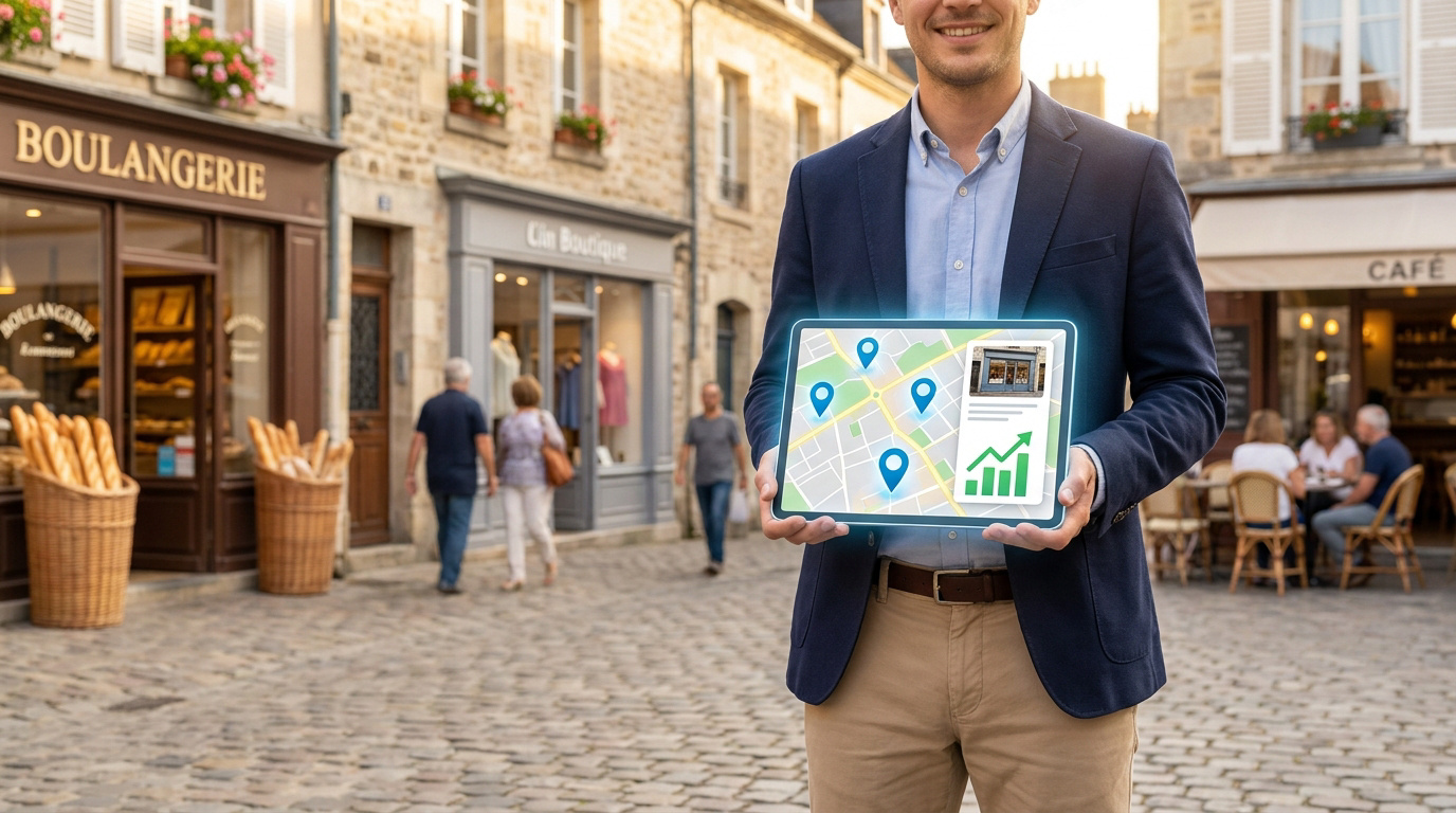 Un homme d'affaires présente une tablette affichant une carte avec des repères de localisation et un graphique de croissance.