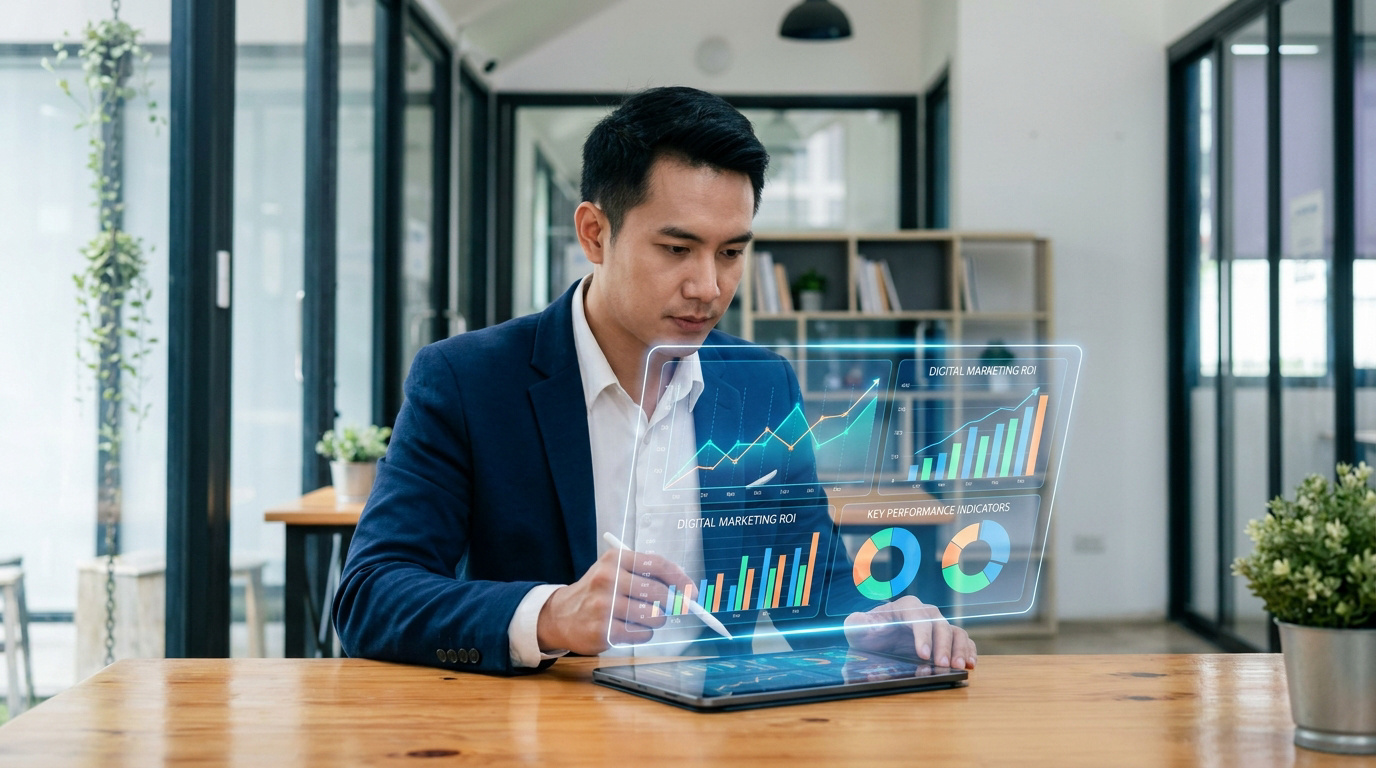 Homme d'affaires analysant un tableau de bord numérique flottant sur sa tablette tactile dans un bureau moderne.