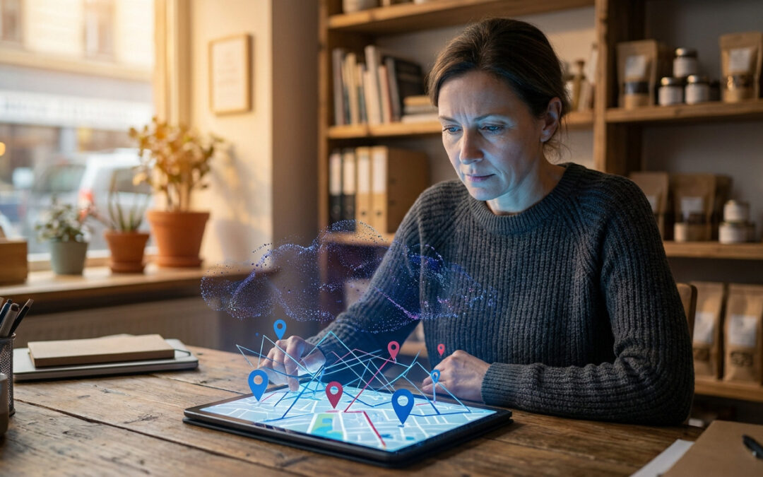 Une femme utilisant une tablette affichant une carte interactive avec des points de géolocalisation pour le SEO local.