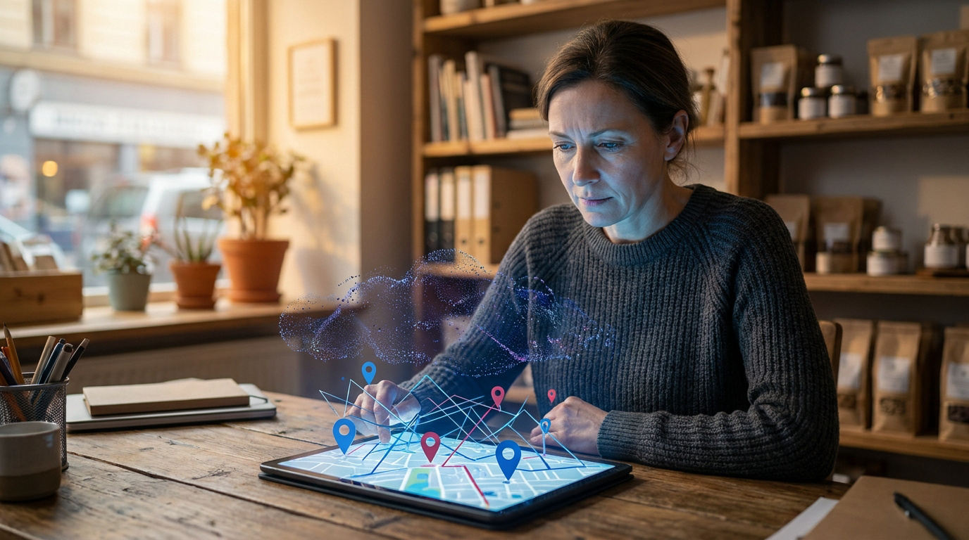 Une femme utilisant une tablette affichant une carte interactive avec des points de géolocalisation pour le SEO local.