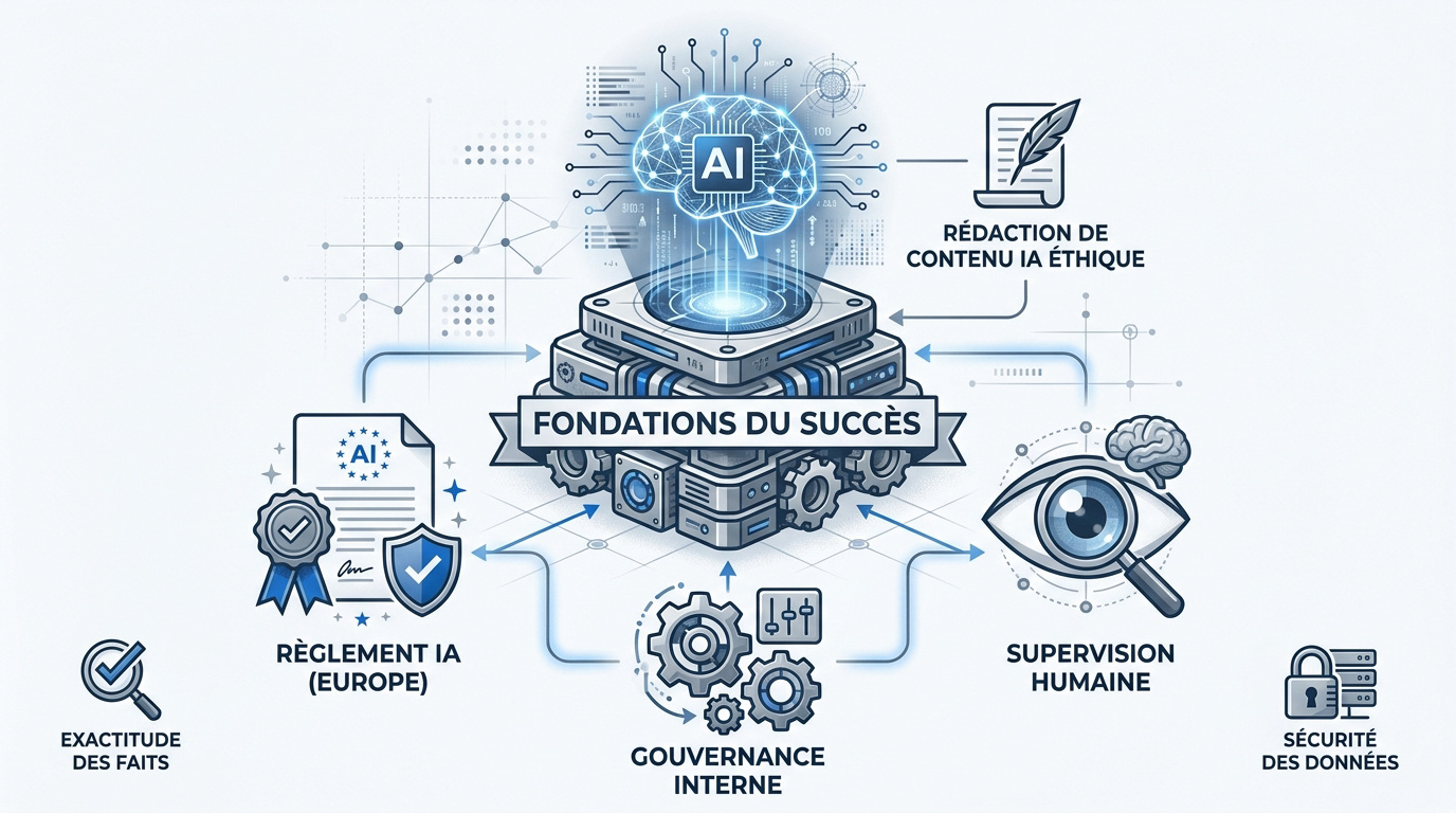 Schéma des piliers de l'IA éthique pour une PME incluant la transparence et la responsabilité humaine