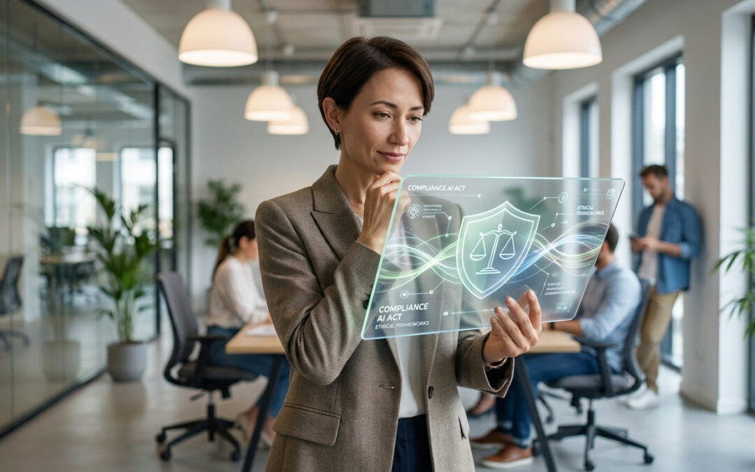 Une femme d'affaires examine une interface holographique affichant le texte "Compliance AI Act" et une balance de justice.