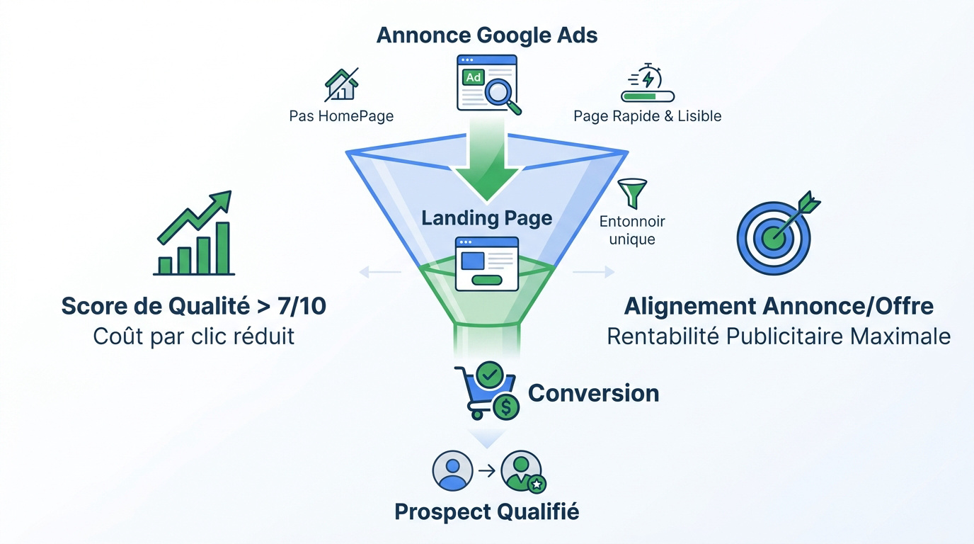 Infographie expliquant le rôle de la landing page dans la conversion Google Ads