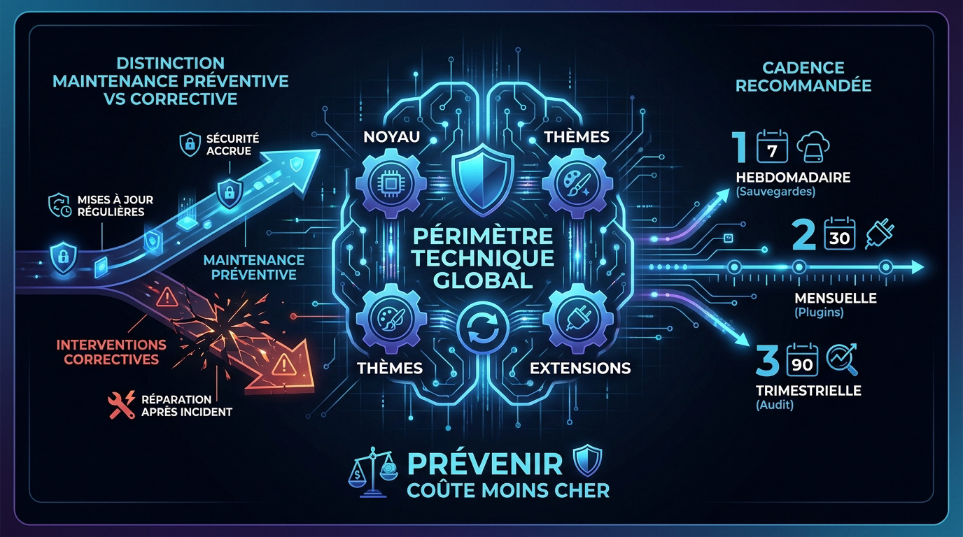 Infographie détaillant la sécurité technique et la maintenance WordPress